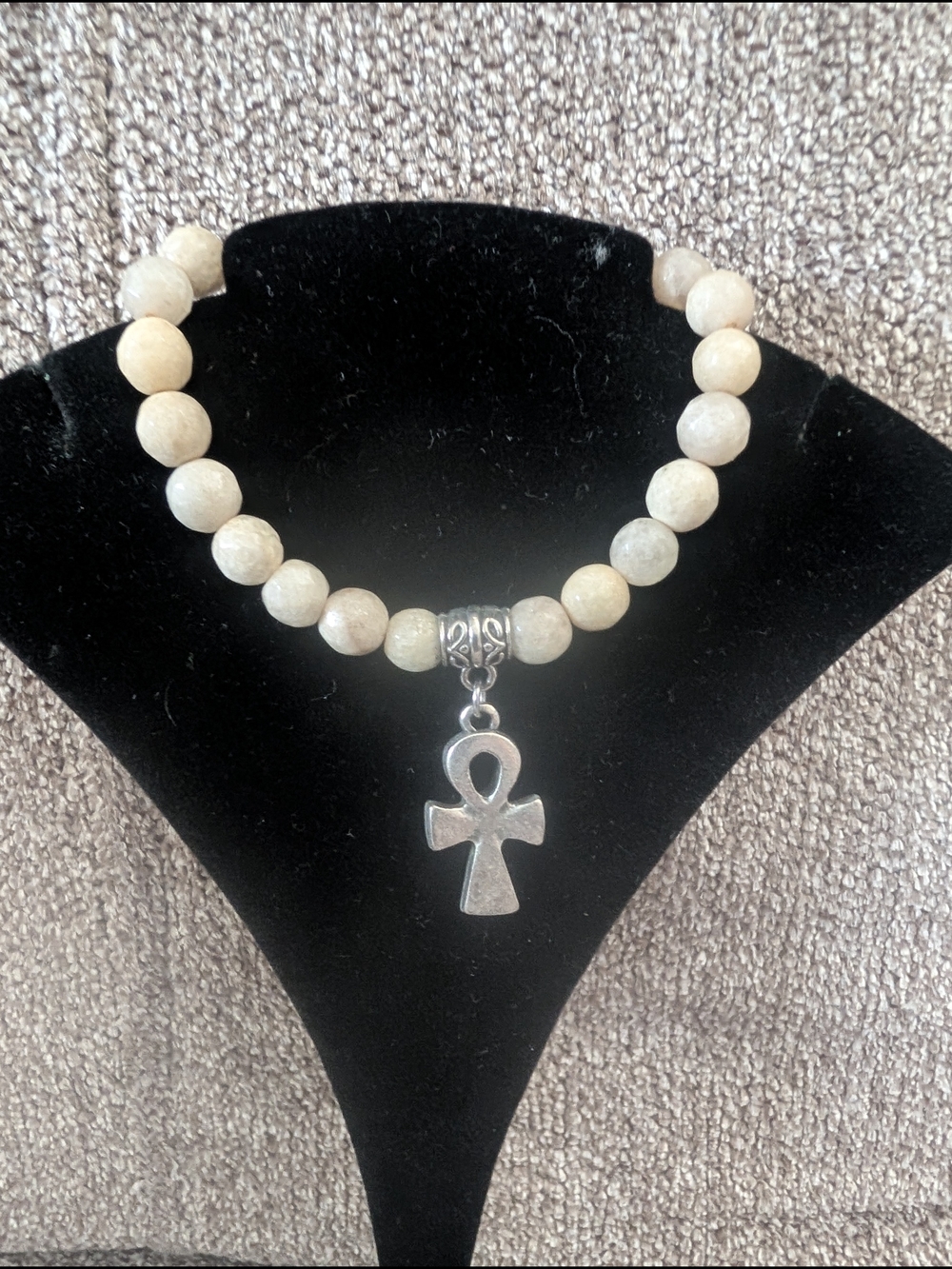 Beige Stone Beaded Bracelet with Silver Ankh Charm